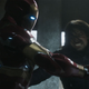 The Winter Soldier (Sebastian Stan) battles Iron Man (Robert Downey Jr.)